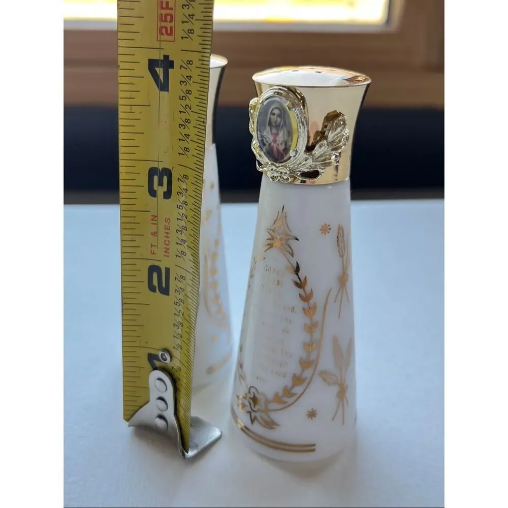 VTG Milk Glass Salt Pepper Shakers Religious Jesus Mary Gold Foil Set
